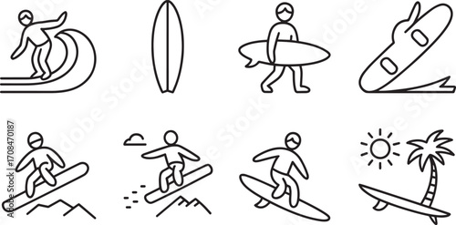 Surfing Adventure Outline Icon A Thrilling Ride on the Waves with a Surfer Silhouette Vector Graphic