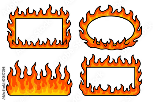 Set of flame borders. Fiery frames collection. Vector cartoon illustration for graphic design. Hot rod fire decal, sticker, and label element. Burning banner template.