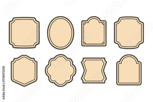Set of vintage frames and retro labels for packaging. Decorative elegant borders and classic signage elements. Minimalist flat vector design for branding, tags, and cards.