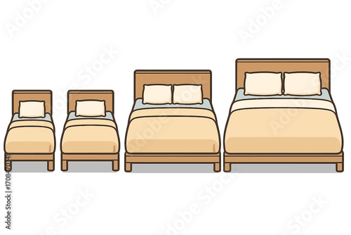 Bed sizes vector icon set. Single, double, queen, king size chart. Minimalist wooden furniture for bedroom. Modern simple flat cartoon illustration for interior design.