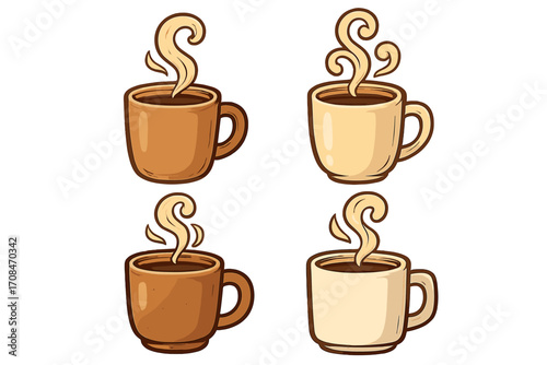 Coffee mug and tea cup vector icon set. Cartoon illustration of different hot steaming drinks. Cozy morning beverage for breakfast, cafe menu. Isolated espresso, cappuccino.