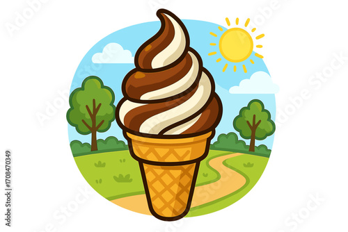 Delicious soft serve ice cream cone with chocolate and vanilla swirl. Summer dessert in a park landscape on a sunny day. Sweet food concept vector cartoon illustration.