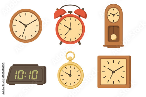 Vector clock collection flat cartoon style. Set of time measuring instruments. Wall clock, retro alarm, grandfather clock, digital display and vintage pocket watch isolated icons.