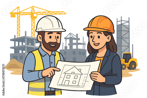 Engineers with architectural plan. Construction teamwork. Man and woman builders discuss project on site. Architect and foreman with blueprint. Building industry concept. Vector.