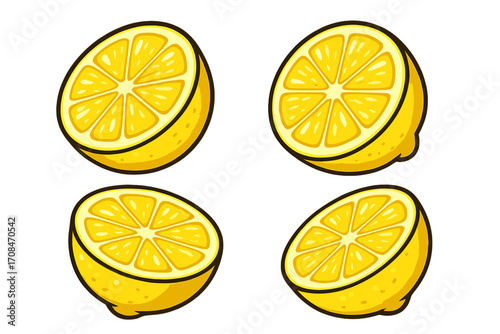 Lemon halves vector cartoon illustration. Fresh juicy citrus fruit slices for cooking and beverages. Healthy food concept. Natural vitamin C source. Yellow fruit icon set.