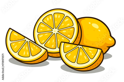Lemon fruit slice and wedge vector cartoon illustration. Fresh juicy yellow citrus for lemonade and healthy food concepts. Natural organic ingredient icon for design isolated.
