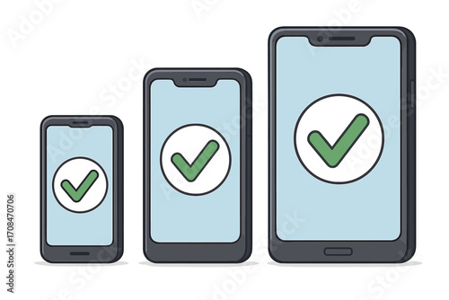Set of mobile phones with confirmation checkmark. Concept for success, approval, system update, security, and validation. Smartphone devices with completed sign. Vector.