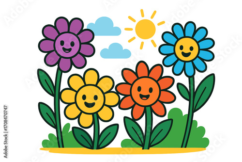 Happy cartoon flowers with cute smiling faces in a sunny summer garden. Cheerful floral characters for kids. Playful flat vector illustration of a positive nature concept.