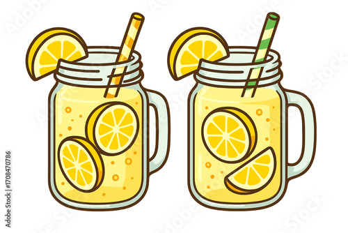 Two mason jars with fresh lemonade summer drink. Cold yellow juice with lemon slices and straws. Refreshing citrus cocktail for a party. Vector cartoon set illustration.