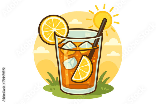Refreshing iced tea with lemon and ice cubes in a glass. Vector cartoon illustration of a summer drink on a sunny day. Cold beverage for a picnic or hot weather concept.