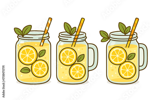 Refreshing lemonade in mason jar mugs vector illustration set. Fresh summer cold drink with lemon slices and mint. Citrus juice cocktail for a party. Cartoon icon collection.