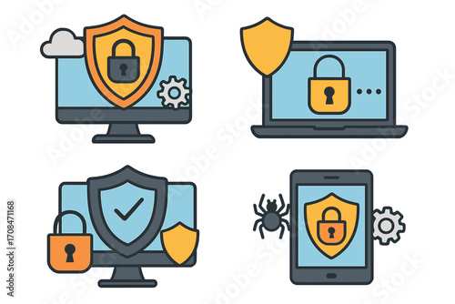 Cybersecurity concept illustration with digital shield and lock icons on computer, laptop, tablet screens. Flat vector cartoon design, data protection, malware defense technology