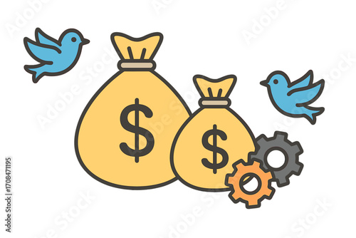 Flat vector illustration of money bags with dollar signs, mechanical gears and flying blue birds symbolizing financial growth, business innovation, and technology integration in a creative concept