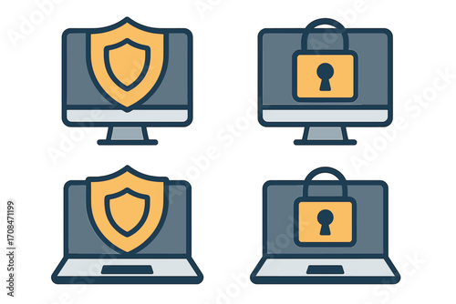 Cybersecurity concept flat vector illustration with computer and laptop screens showing protective shields and lock symbols for digital security and data protection