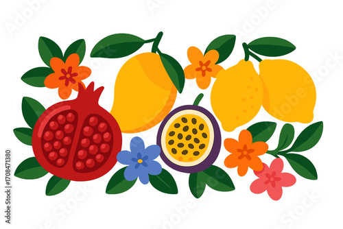 Vibrant tropical fruits vector illustration with colorful flowers, pomegranate, mango, passion fruit, lemon, fresh citrus, exotic fruit design, summer food art