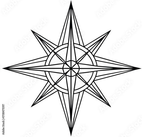 Black and white vector illustration of a compass rose with a star as a decorative symbol