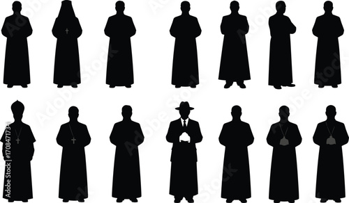 Silhouettes of priests and religious figures in traditional robes and garments standing in various poses vector illustration design
