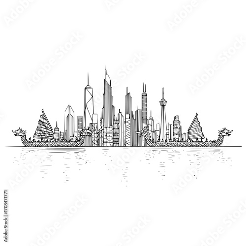 Hong kong skyline cityscape vector illustration with dragon boats and skyscraper architecture design drawing art
