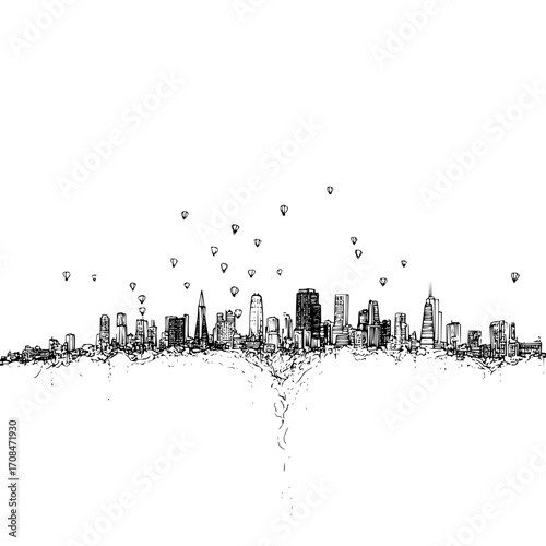 San francisco skyline drawing cityscape illustration with hot air balloons black and white sketch art design
