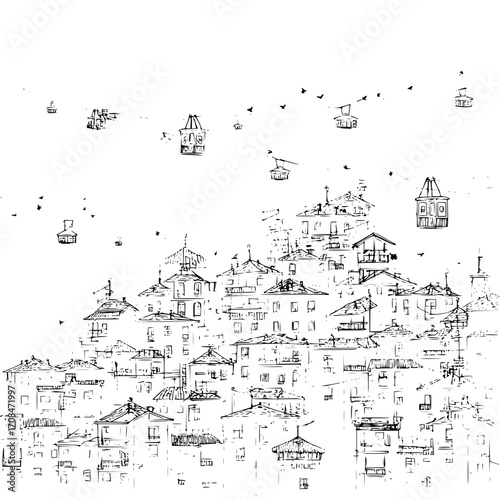Find black and white sketch of cityscape with cable cars and birds flying in the sky illustration art