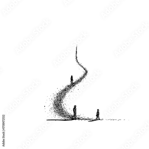 Conceptual art of figures on path to enlightenment journey with abstract design and white background illustration