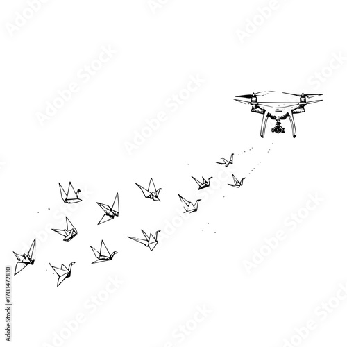 Drone photography origami cranes flying together black and white aerial view modern art design illustration graphic