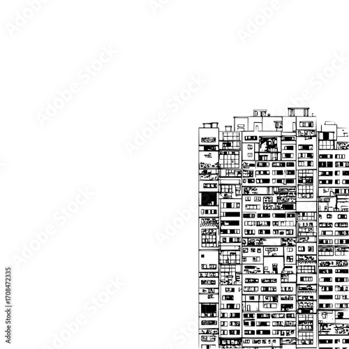Black and white architectural building facade drawing skyscraper apartment complex urban design sketch 100