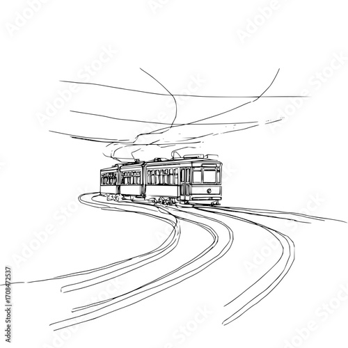 Line art drawing of vintage streetcar tram on tracks public transport sketch illustration vector design