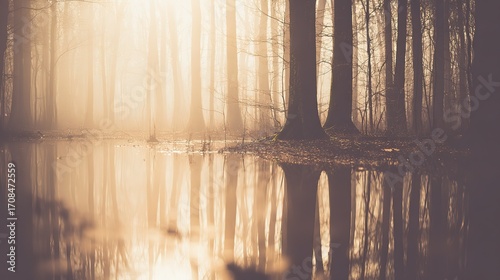 Golden sunrise forest reflection on lake, soft mist haze glow, detailed leaf texture, cinematic color grading, text space for design