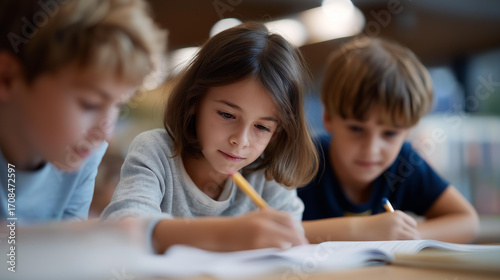 A former student tutors kids in a library with books open pencils scratching and young faces focused shown in a supportive photo with page textures ink marks and educational