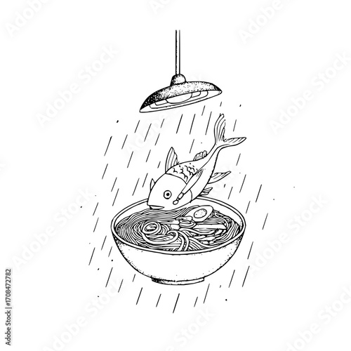 Ramen noodle soup with fish illustration delicious japanese cuisine asian food black and white line art design