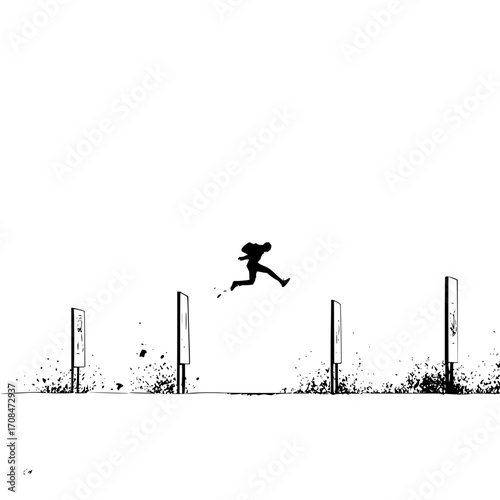 Silhouette man jumping over hurdles obstacle course challenge success motivation black and white illustration art