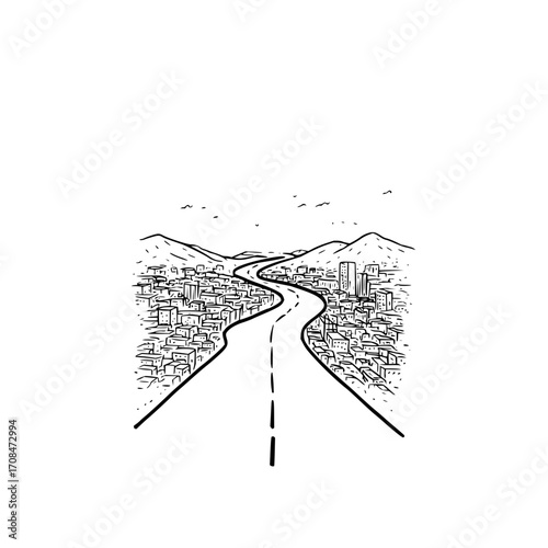 Cityscape road trip drawing illustration vector design scenic route urban landscape mountain view artwork line art