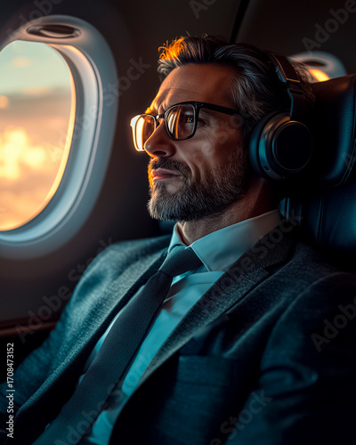 A mature man in a stylish jacket and headphones is flying business class on a private jet. He gazes confidently out the window, the luxurious interior exudes an atmosphere of comfort and success.