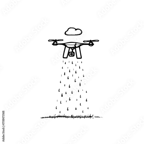 Drone spraying irrigation water cloud agriculture farming technology innovation sketch illustration design concept