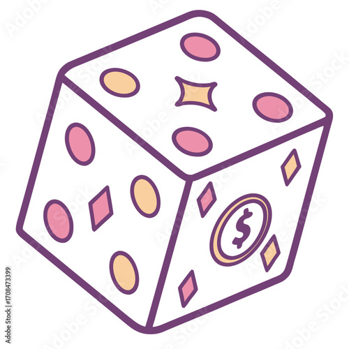 Stylized white dice with purple outlines featuring pink and yellow shapes and a dollar sign coin, representing chance and games.