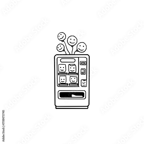 Vending machine selling happiness concept with smiley face balloons and happy product faces drawing