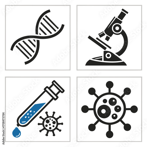 Science icons: DNA, microscope, test tube, and virus.
