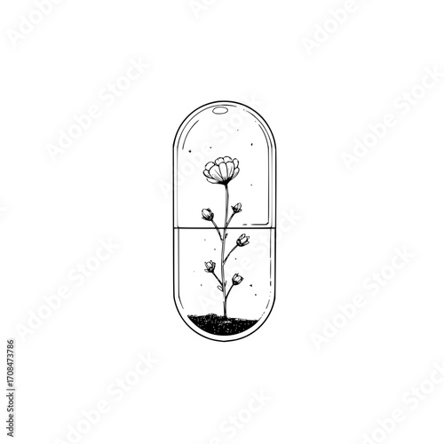 Flower inside capsule illustration, botanical art, nature, growth, black and white drawing, minimalism design