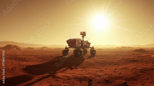 Mars rover mission on red planet surface under Martian sun with exploration innovation footage