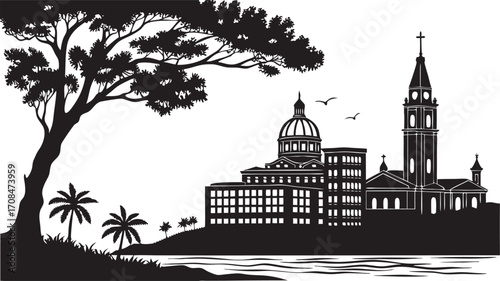 Vector art of silhouette of the city of santo domingo, dominican republic with cathedral and tree