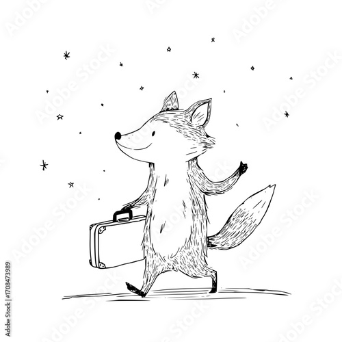 Fox illustration with suitcase travel adventure cute animal drawing black and white stars whimsical journey art