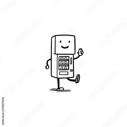 Cartoon vending machine character walking with a drink vector illustration graphic design element free image