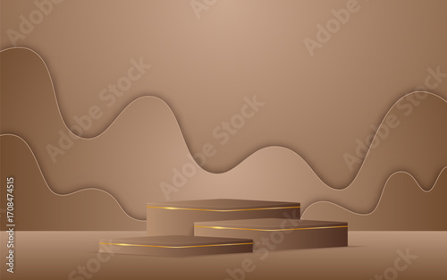 Brown podium with brown Paper cut on the back for product presentation. Display of cosmetic products. Stage or podium. vector illustration	