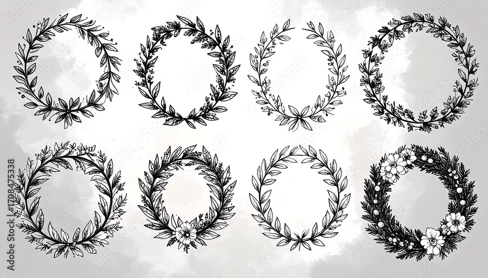 Obraz premium Eight Hand-Drawn Floral Wreaths: Black and White Botanical Illustrations