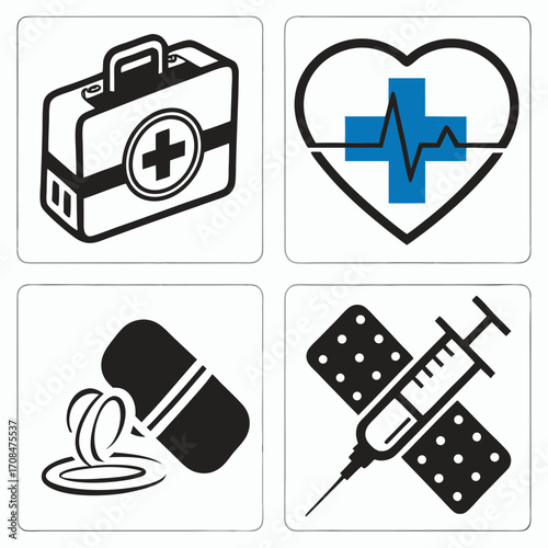 Medical icons set first aid kit heart rate band aid and syringe