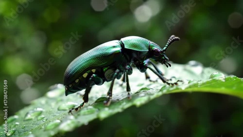 Shiny Green Beetle on Leaf with Dew Drops