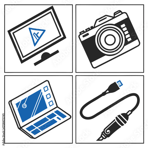 Digital media tools computer monitor camera tablet and stylus for graphic design and video editing
