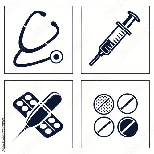 Medical supplies icons Stethoscope syringe pills and blister pack