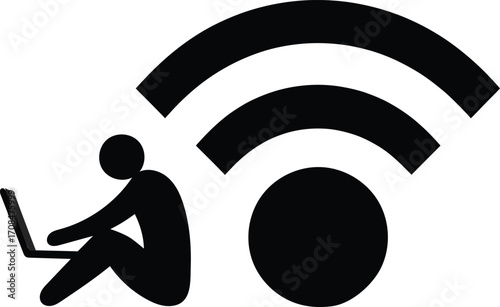 Silhouette person with laptop and wifi symbol internet